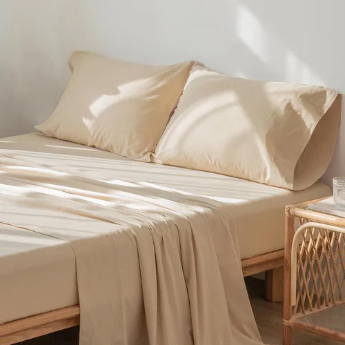 Miniatura 3 de MooMee - Juego de sábanas 100% algodón lavado, textura parecida al lino, transpirable, duradero, suave y cómodo (color beige arenoso, tamaño queen)