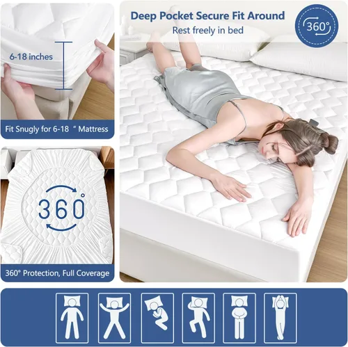 Miniatura 5 de Protector de colchón de tamaño matrimonial, impermeable, lavable, funda acolchada, protección de cama ajustable, almohadilla de cama de plástico sin