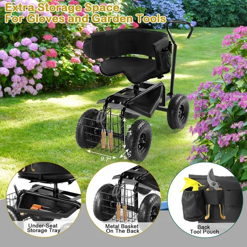 Miniatura 4 de Outvita - Asiento de jardín con ruedas, taburete de jardinería con asiento giratorio ajustable en altura de 360 grados, respaldo ergonómico, bandeja