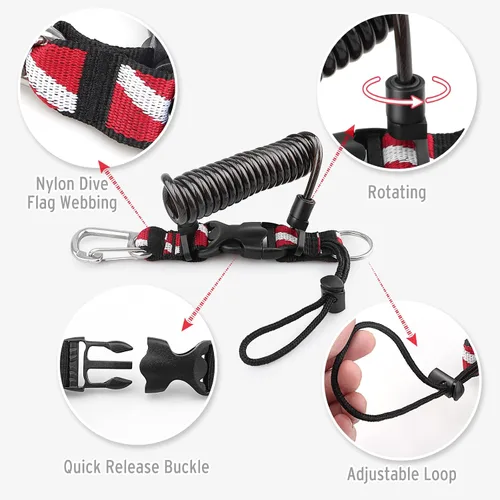 Miniatura 4 de Cordón de buceo, cordón en espiral de acero inoxidable resistente con hebilla de liberación rápida y correa de banda de bandera de buceo para Negro