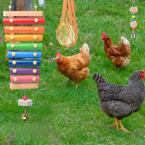 Miniatura 5 de Juguetes de pollo para gallinero, juego de 12 piezas, juguetes de enriquecimiento de pollo, incluye xilófono, juego de columpio, juguete de espejo
