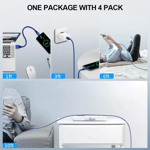 Miniatura 7 de etguuds Paquete de 4 cables USB C de carga rápida [1/3/6/10 pies], cable de carga USB A a C trenzado de nailon compatible con Samsung Galaxy S20 S10