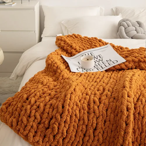 Miniatura 4 de ATMOSURELY Manta de punto grueso ultrasuave de color naranja quemado, acogedora y esponjosa, hecha a mano, con hilo de felpilla, para cama, sofá