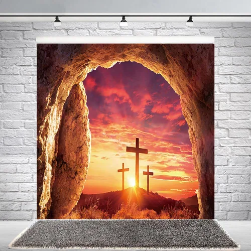Miniatura 11 de Fondo de fotografía de tumba vacía de 6 x 4 pies, puesta de sol con luz sagrada, tres cruces en la montaña, Jesucristo, agujero de piedra, telón
