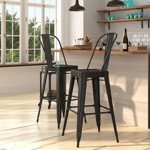 Merrick Lane Taburete de altura de barra serie Dothan - Acabado negro - Marco de metal con soporte cruzado - Práctico respaldo extraíble -