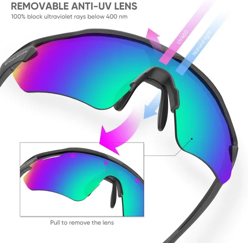 Miniatura 4 de Gafas de ciclismo, lentes deportivos polarizados con marco irrompible TR90, anti-UV400 A1#Negro-Gris Base de Lente REVO Verde