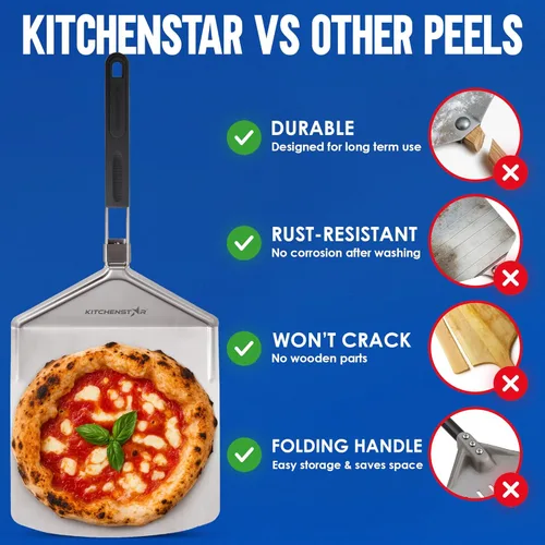Miniatura 5 de KitchenStar Pala de pizza de metal de 12 pulgadas con mango plegable, paleta de espátula de acero inoxidable para transferencia de pizza sin