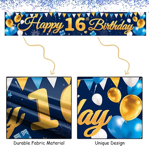 Miniatura 2 de Cartel grande de feliz cumpleaños número 16, cartel de cumpleaños azul dorado 16, suministros de decoración de fiesta de 16 años para niños y niños