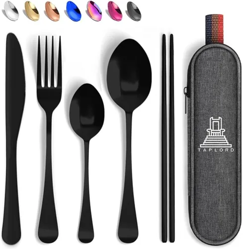 Miniatura 16 de Juego de cubiertos de viaje portátil Taplord con estuche, incluye 10 piezas de utensilios de viaje con estuche, juego de cubiertos de acero Dorado