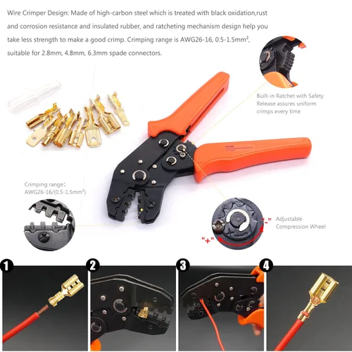 Miniatura 6 de Twidec/640 piezas 2.8/4.8/6.3mm Conectores de Terminal de Pala de Alambre Macho y Hembra de Empalme Rápido Kit Dorado con Alicates de Prensado