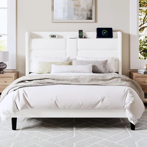 Miniatura 3 de Allewie Base de cama de plataforma tamaño Queen con estación de carga y cabecera de almacenamiento, diseño tapizado de terciopelo con respaldo
