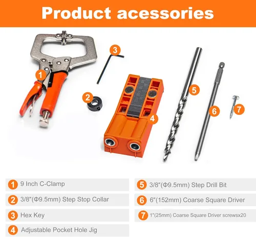 Miniatura 5 de Kit de Sistema de Plantilla para Agujeros de Bolsillo, Plantilla de Tornillo de Bolsillo con Abrazadera de 11 Pulgadas, Broca de Cabeza Cuadrada