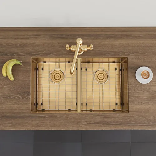 Miniatura 4 de LQS Fregadero de cocina dorado de 31 pulgadas, fregadero de cocina doble dorado, fregadero de acero inoxidable de montaje inferior calibre 16
