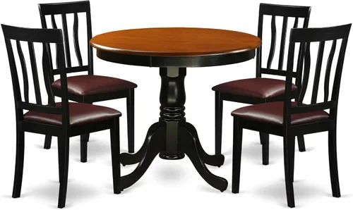 East West Furniture ANTI5-BLK-LC - Juego de mesa de comedor de 5 piezas para 4 personas, incluye una mesa de cocina redonda con pedestal y 4 sillas