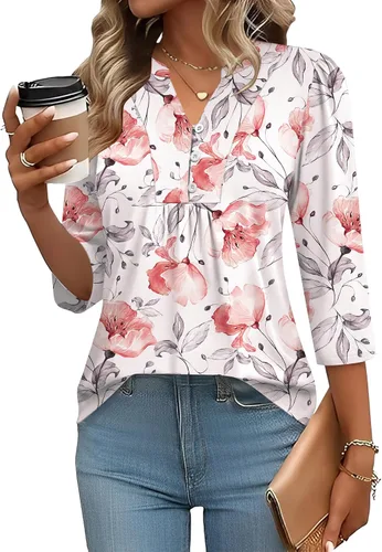 Miniatura 12 de IECCP Blusas de verano de manga 3/4 para mujer, estilo casual, cuello Henley, cuello en V, plisadas, ajuste holgado, blusas de trabajo