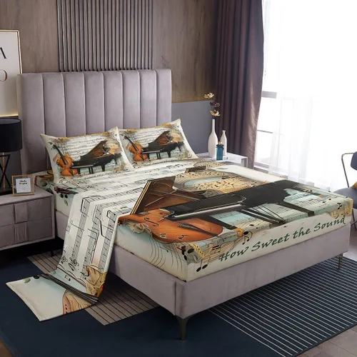 Juego de sábanas de violonchelo de piano tamaño individual, juego de ropa de cama de 3 piezas para niños y niñas, decoración de habitación de