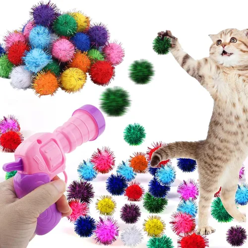 Miniatura 11 de Dorhui Lanzador de pistola de juguete para gatos, 30 bolas de pompones brillantes y lanzador de bolas de gato, disparador de pistola de juguete