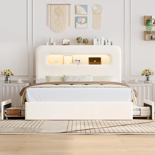 Miniatura 3 de HOSTACK Marco de Cama LED Full con Cabecera de Almacenamiento y Estación de Carga, Marco de Cama para Niños con 2 Cajones y Puertos USB, Marco