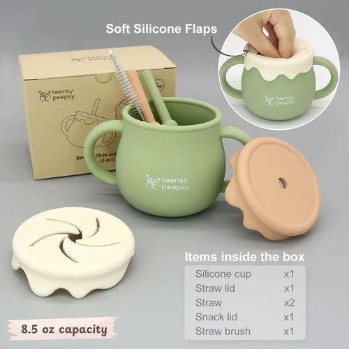 Miniatura 4 de Tarro de Miel Recipiente 3 en 1 Taza de Entrenamiento de Silicona de 8.5 onzas, Vaso Entrenador para Bebé con Popote y Taza de Snacks para 6 meses+