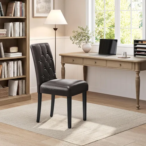 Miniatura 8 de Yaheetech Juego de 2 sillas de comedor tapizadas Parsons de cuero modernas con respaldo alto y patas de madera maciza, para comedor, sala de estar