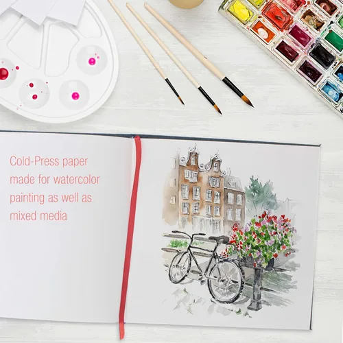 Miniatura 5 de U.S. Art Supply Libro de acuarela de 8.5 x 8.5 pulgadas (paquete de 2, 76 hojas cada uno), 110 libras (230 GSM) encuadernado en lino, bloc de papel