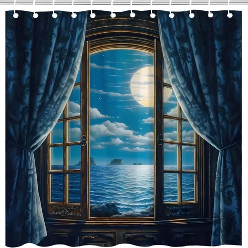 Cortina de ducha de playa retro azul gótico europeo, cortina de ventana oscura noche llena luna llena océano ola mar balcón verano tropical Hawaii