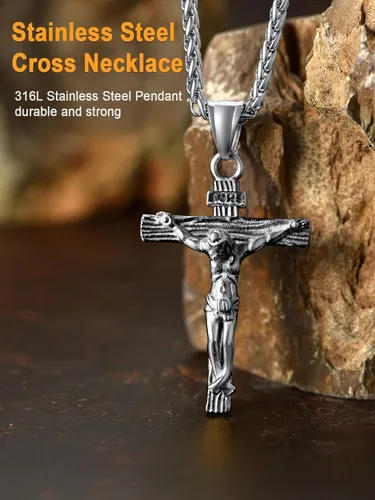 Miniatura 4 de U7 Colgante de cruz de crucifijo para hombre con cadena de bautismo, joyería cristiana, acero inoxidable, oro de 18 quilates, collar antiguo