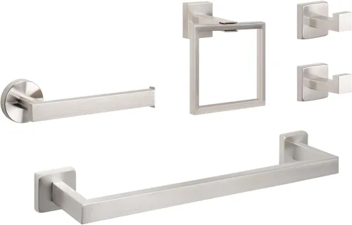 NearMoon Juego de 5 piezas de accesorios de baño de acero inoxidable 304, juego de toallero cuadrado que incluye toallero de 16 pulgadas + anillo de