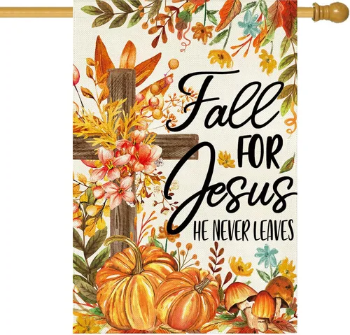 Miniatura 10 de Baccessor Bandera de otoño de 28 x 40 pulgadas, árbol cardenal de otoño para Jesús que nunca deja bandera vertical de doble cara, calabaza cosecha