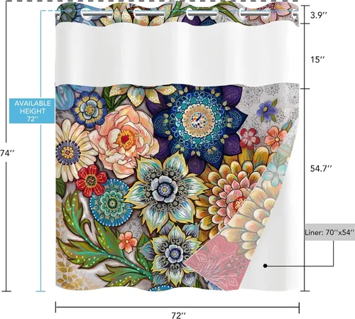 Miniatura 6 de Neasow Cortina de ducha sin gancho con forro a presión, cortinas de tela floral bohemia con forro interior impermeable con imanes ponderados