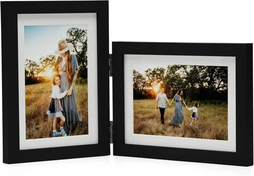 Miniatura 24 de Marcos de Fotos Dobles 4x4 con Bisagras Plegables en Negro para Colgar en la Pared o Poner en Mesa, Hechos de Madera de Pino con Vidrio Real P-44 *