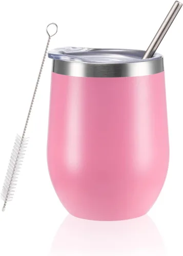Miniatura 37 de Vaso de vino aislado de 12 onzas con tapa y pajita, vaso de vino de acero inoxidable sin tallo de doble pared, vaso de vino al vacío a granel