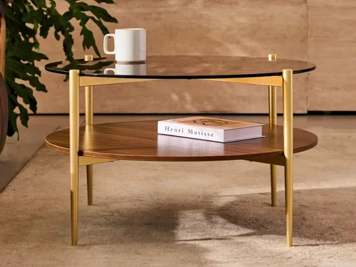 Miniatura 4 de Shrine Mesa de café redonda de vidrio, diseño moderno de mediados de siglo, 30 x 17 pulgadas de diámetro x altura, estructura de 2 niveles, parte