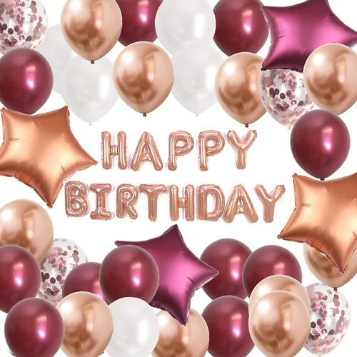 Globos de feliz cumpleaños para mujer, kit de decoración de cumpleaños, color oro rosa, borgoña, globos de papel de aluminio con letras, suministros