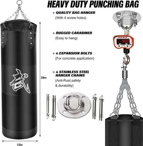 Miniatura 5 de Juego de sacos de boxeo colgantes sin relleno, sacos de boxeo pesados para adultos, niños y jóvenes, incluye vendas para manos, ganchos para sacos