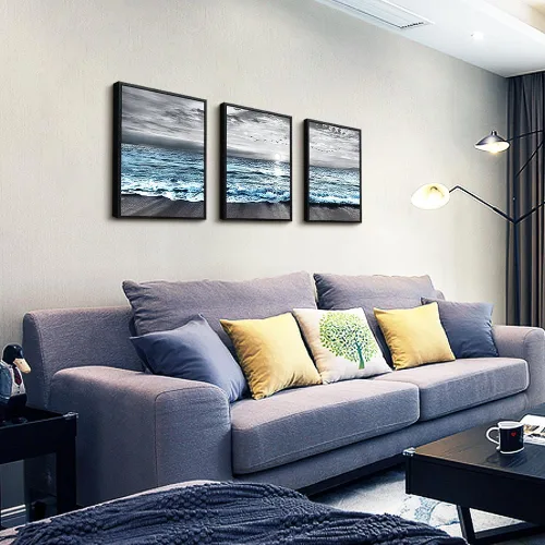 Miniatura 2 de Arte en lienzo enmarcado en negro para decoración de sala de estar y dormitorio - Pintura de pared de playa en blanco y negro - Imágenes de olas