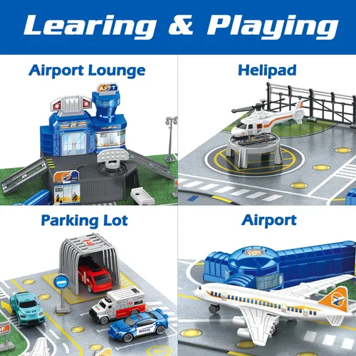 Miniatura 5 de Set de juguetes de avión con camiones, helicóptero, aviones, señales y alfombrilla de aeropuerto, juguetes interactivos de aprendizaje temprano