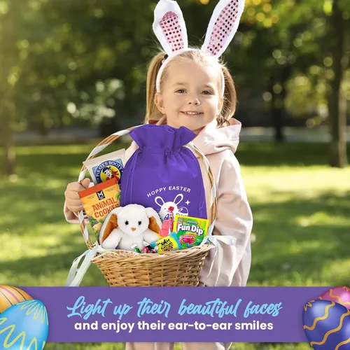 Miniatura 6 de Canastas de Pascua para niños, prefabricadas y llenas para niñas y niños, iluminarán las caras de tus conejitos favoritos Púrpura
