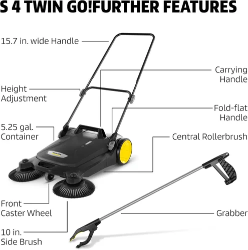Miniatura 3 de Kärcher Walk Behind Outdoor Push Sweeper S 4 Twin Go!Más para talleres, aceras, entradas o garajes con agarrador de desechos de 5.25 galones, ancho