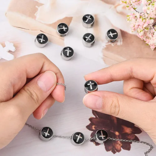 Miniatura 7 de LiQunSweet 10 cuentas europeas de acero inoxidable esmaltadas negras de 0.197 in con agujero grande, cuentas planas redondas cruzadas espaciadoras
