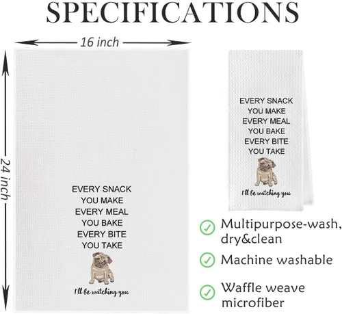 Miniatura 5 de Paños de Cocina Divertidos de Pug - Toallas de Cocina de Tejido Gofre de Pug, Toalla de Té de Regalo de Pug, Toalla de Mano de Regalo de Pug, Carlino