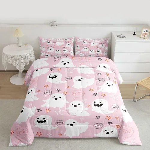 Feelyou Juego de edredón de Halloween, color rosa fantasma, juego de ropa de cama tamaño individual, decoración para niños y niñas, lindo juego de