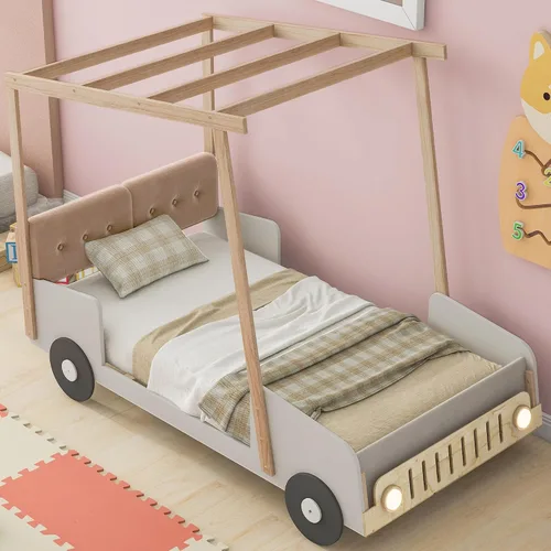 Miniatura 17 de Cama de plataforma en forma de auto de carreras de tamaño individual con ruedas y almacenamiento, base de cama de plataforma de madera maciza