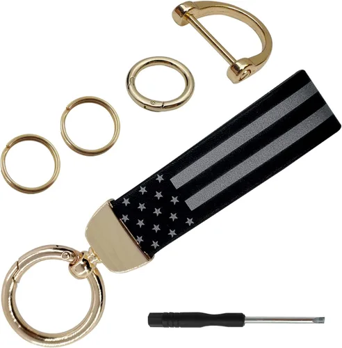 Llavero de coche con bandera americana, accesorios con traje de aleación de zinc, llavero universal de cuero para hombre y mujer (dorado)