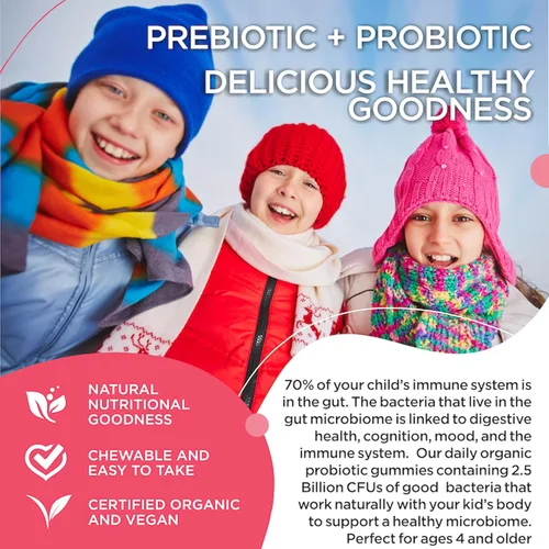 Miniatura 3 de RUWAA NUTRITION Gomitas probióticas orgánicas para niños para la salud digestiva, apoyo inmunológico, estreñimiento, hinchazón. 2.5 mil millones