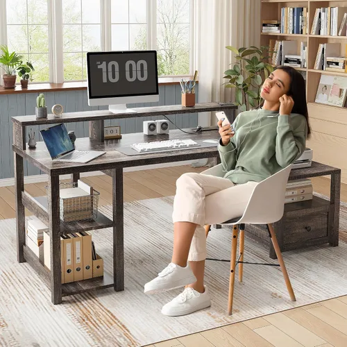 Miniatura 3 de EnHomee - Escritorio de oficina en casa de 60.4 pulgadas con toma de corriente y estante para impresora, escritorio de computadora con luz LED