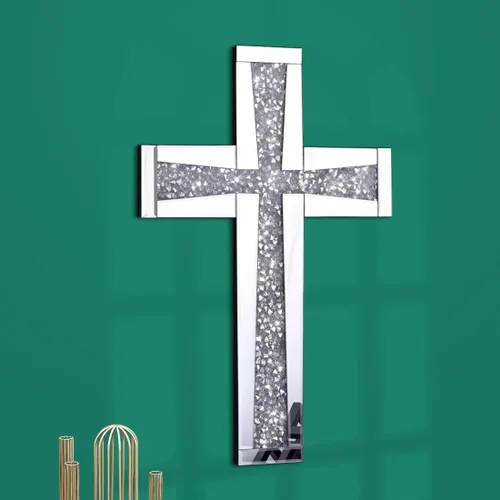 Miniatura 10 de Aeveco Cruz de Pared para Decoración, Cruz Espejo Plateada para Sala de Estar, Cruces de Espejo con Diamantes de Cristal Triturados, Arte Religioso