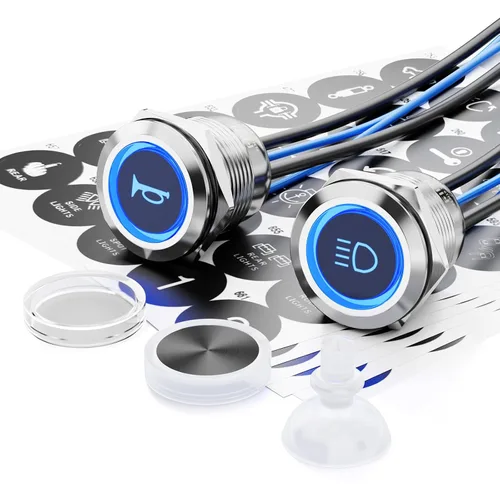 Miniatura 12 de 2-Pack 19mm Botón de presión de cierre LED azul, interruptor de botón marino a prueba de agua IP67 de 12V-24V y voltaje amplio de 20A con 180