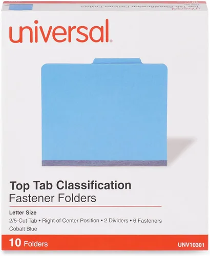 Miniatura 4 de Universal UNV10301 Carpetas de clasificación de cartón prensado de tamaño carta con 2 divisores de color brillante - Azul cobalto (10/caja)