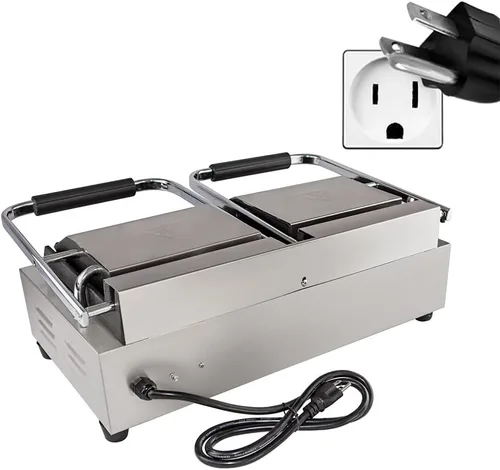 Miniatura 7 de ALDKitchen Prensa doble Panini Máquina para hacer sándwiches Placas acanaladas de hierro fundido Control ajustable Antiadherente 110 V